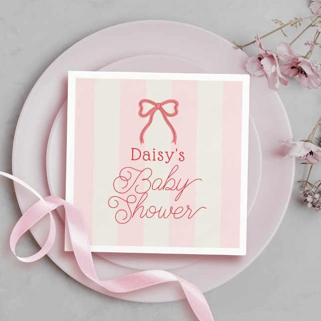 Red Bow & Pink Stripes Baby Shower Napkin (Creator Uploaded)
