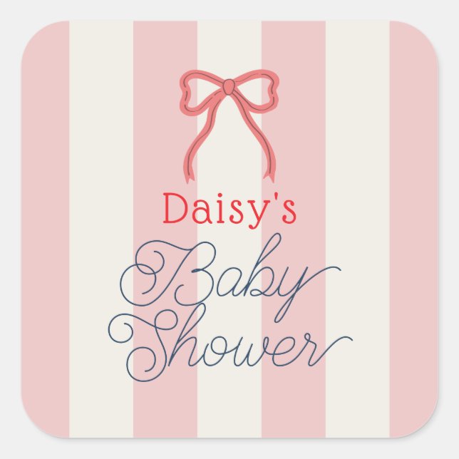 Red Bow & Pink Stripes Baby Shower Square Sticker (Front)