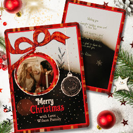 Red Bow Plaid & Gold Foil Single Photo Christmas Foil Holiday Card