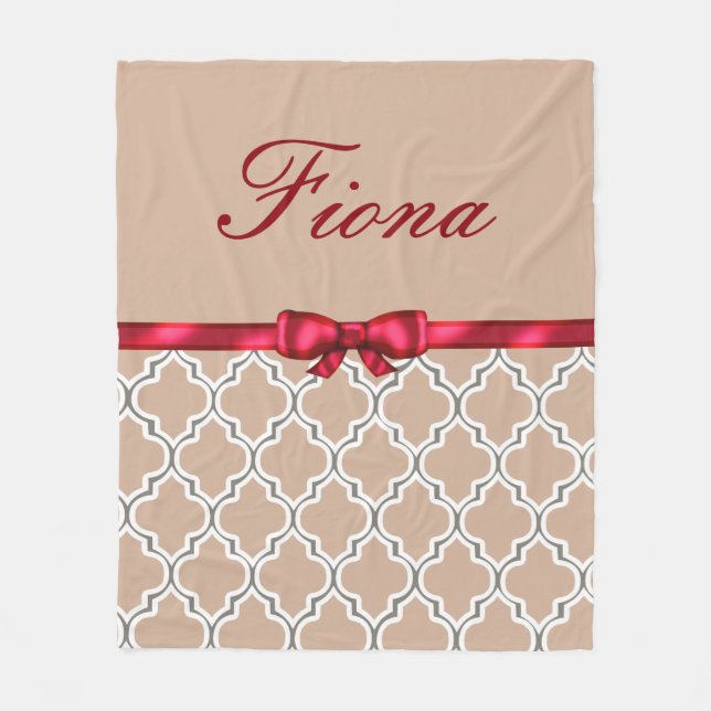Red Bow Ribbon and White Quatrefoils Monogram Fleece Blanket (Front)