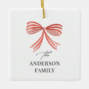 Red bow ribbon Script Family holiday photo Ceramic Ornament
