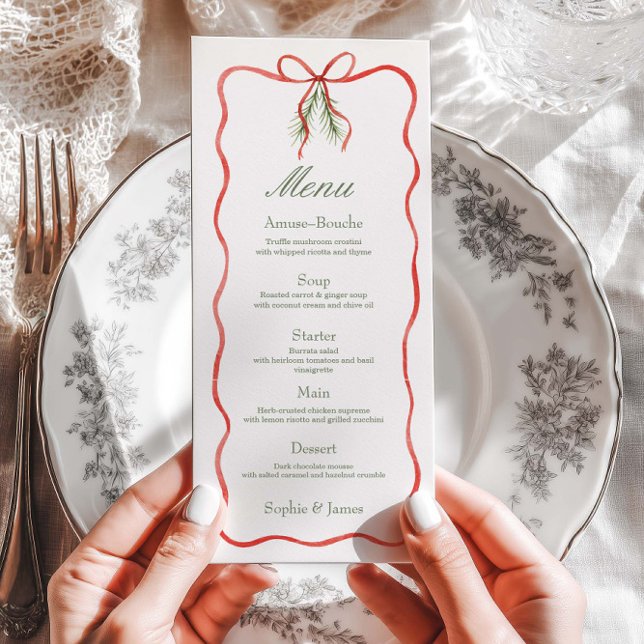 Red Bow Ribbon Winter Wedding Flat Menu (Créateur téléchargé)