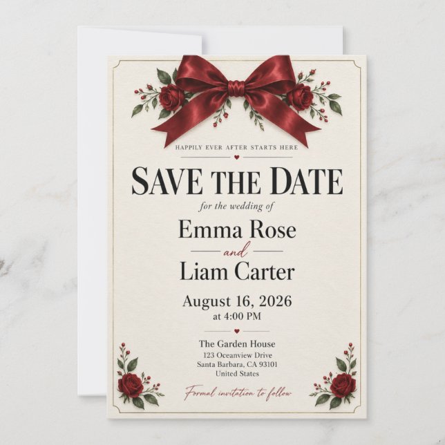 Red Bow Rose Border Save the Date Invitation (Front)