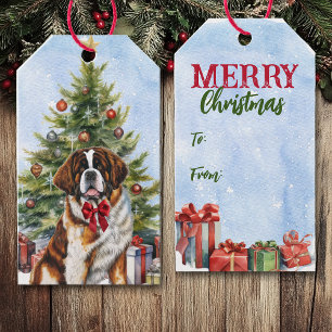 Red Bow Saint Bernard Dog Christmas Tree Gift Tags