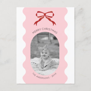 Red Bow Scalloped Photo Christmas Holiday Postcard