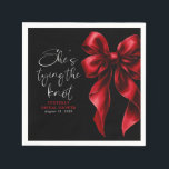Red Bow She's Tying the Knot Black Bridal Shower Napkin<br><div class="desc">When it comes to creating a memorable bridal shower, it’s all about the little details that bring the whole celebration together. These “She’s Tying the Knot” red bow napkins are just the perfect touch to add that graceful flair to your event. Featuring a delicate dark red watercolor ribbon, they strike...</div>