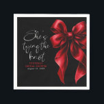 Red Bow She's Tying the Knot Black Bridal Shower Napkin<br><div class="desc">When it comes to creating a memorable bridal shower, it’s all about the little details that bring the whole celebration together. These “She’s Tying the Knot” red bow napkins are just the perfect touch to add that graceful flair to your event. Featuring a delicate dark red watercolor ribbon, they strike...</div>