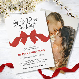 Red Bow She's Tying the Knot Photo Bridal Shower Invitation