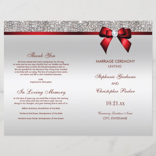 Red Bow Silver Sequins Wedding Ceremony Program (Front)