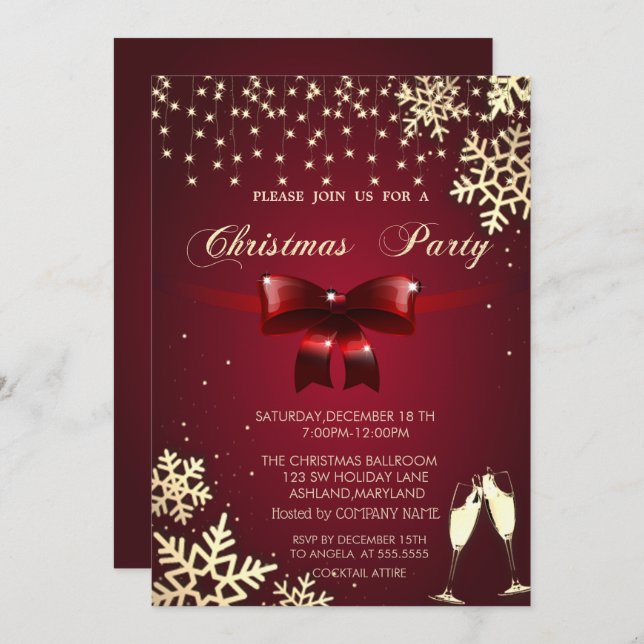 Red Bow,Snowflakes,Glasses,Company Christmas Party Invitation (Front/Back)