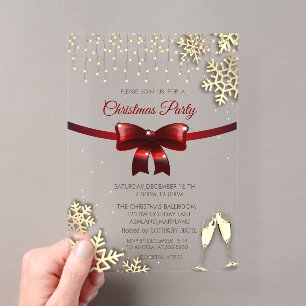Red Bow,Snowflakes,Glasses Gold Company Christmas Acrylic Invitations