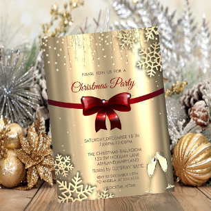 Red Bow,Snowflakes,Glasses Gold Company Christmas Invitation