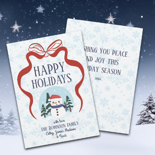 Red Bow Snowman Snowflakes Family Name Year Holiday Card