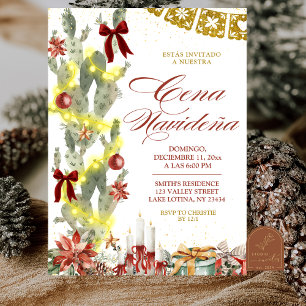 Red bow Spanish Cactus Christmas Cena de Navidad Invitation