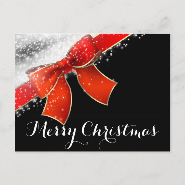 Red Bow & Sparkles Chic Black Holiday Christmas Postcard (Front)