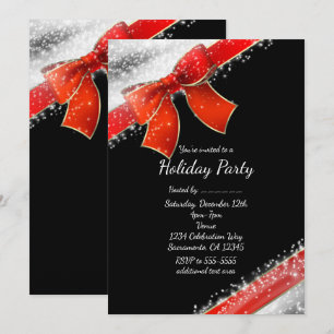 Red Bow & Sparkles Chic Black Holiday Invitations