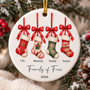 Red Bow Stockings Family of Four Christmas Ceramic Ornament