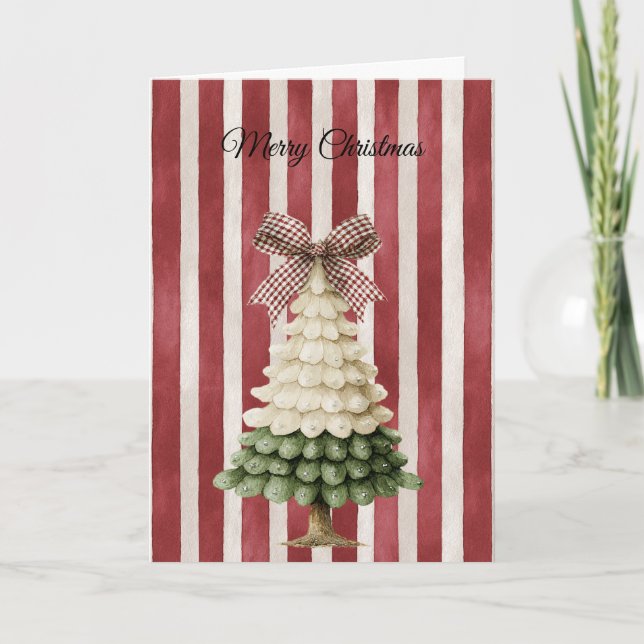 Red Bow Stripes Christmas Green Cream Tree Card (Front)