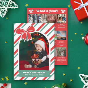 Red Bow & Stripes Year In Review Merry Christmas Holiday Card