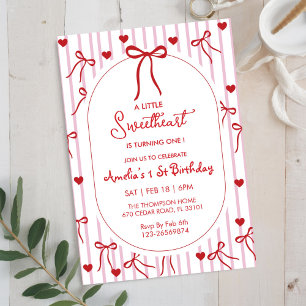 Red bow Sweetheart Valentine's Day 1st Birthday Invitation
