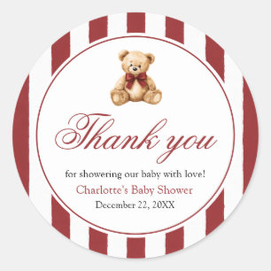 Red Bow Teddy Bear We Can Bearly Wait Baby Shower Classic Round Sticker