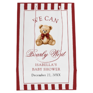 Red Bow Teddy Bear We Can Bearly Wait Baby Shower Medium Gift Bag