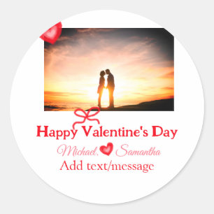 Red bow valentine's day add photo name heart love  classic round sticker