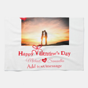 Red bow valentine's day add photo name heart love  kitchen towel