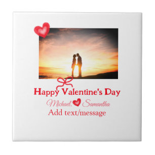 Red bow valentine's day add photo name heart love  tile