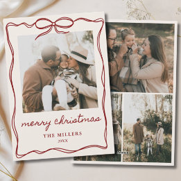 Red Bow Vintage Merry Christmas 4 Photo Family Holiday Card