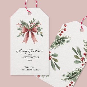 Red Bow Watercolor Green Holly Berries Christmas Gift Tags