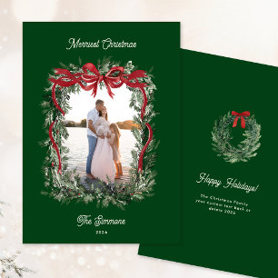 Red Bow Watercolor Greenery Wreath Photo Christmas Holiday Card