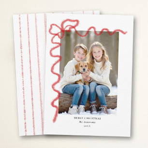 Red Bow Wavy Hand Drawn Frame Chic Photo Christmas Holiday Card