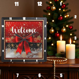 Red Bow Welcome Christmas Square Wall Clock
