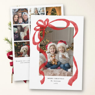 Red Bow Whimsical Modern Photo Family Christmas Holiday Card