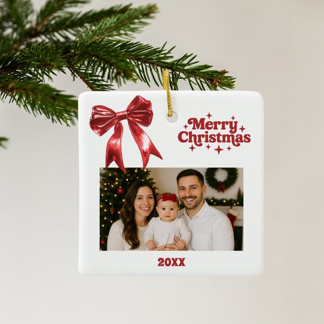 Red bow white Christmas photo Ceramic Ornament (Creator Uploaded)