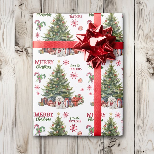 Red Bow White Maltese Dog Holiday Tree Wrapping Paper (Creator Uploaded)