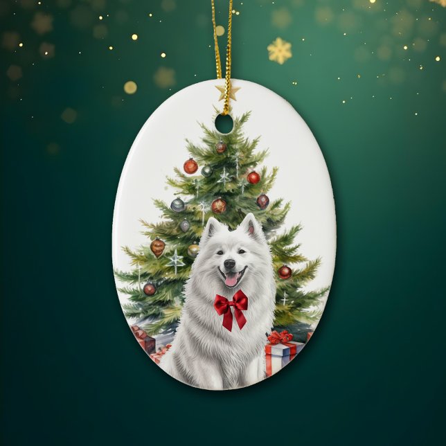 Red Bow White Samoyed Dog Christmas Ceramic Ornament (Creator Uploaded)