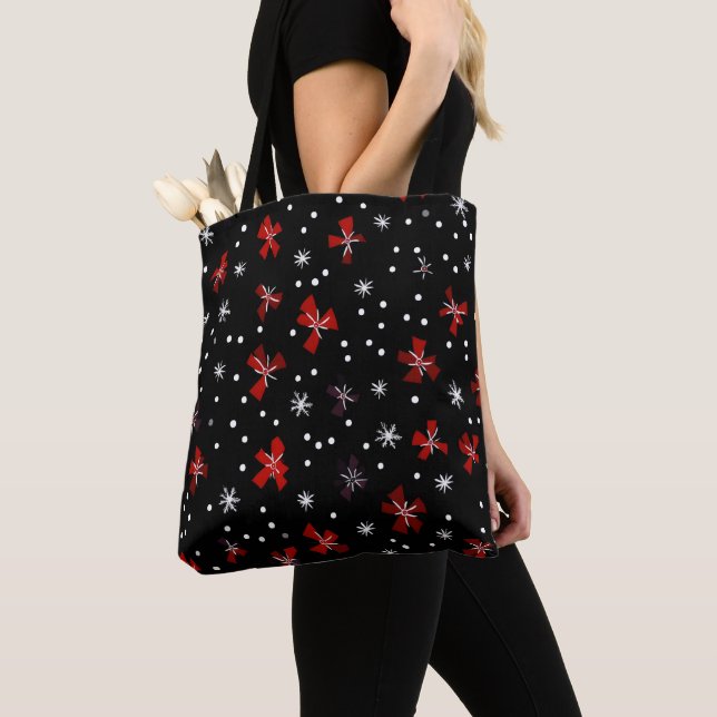 Red Bow Winter Pattern Tote Bag (Close Up)