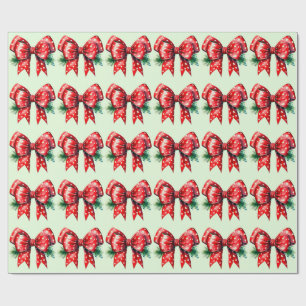 Red Bow With Holly Green Wrapping Paper