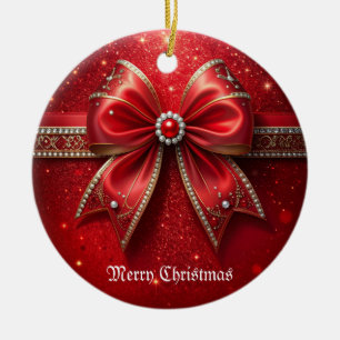 Red Bow with Pearls and Jewels Ceramic Ornament