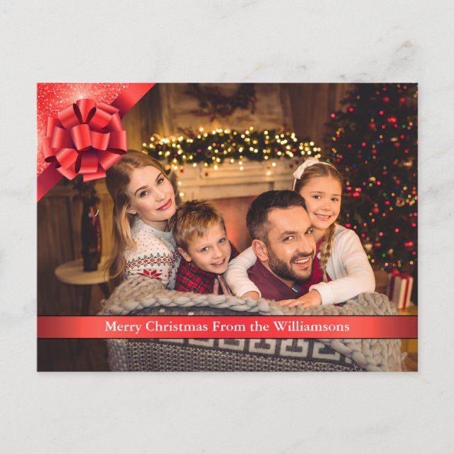 Red Bow with Ribbon Merry Christmas Photo Holiday Postcard (Front)