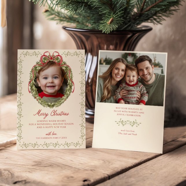 Red Bow Wreath Photo  Holiday Card (Creator Uploaded)