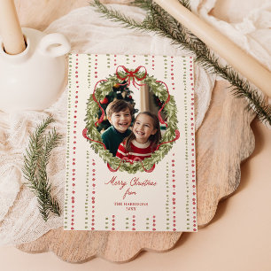 Red Bow Wreath Photo Holiday Card