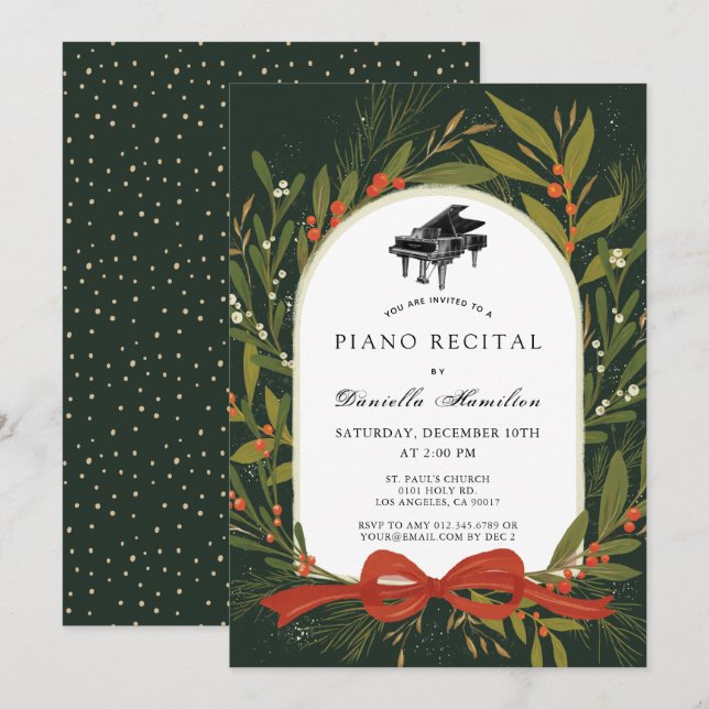 Red Bow Wreath Piano White Recital Invitation (Front/Back)