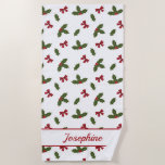 Red Bows And Christmas Holly Plants Pattern & Name Beach Towel<br><div class="desc">Destei's original festive pattern of green and red Christmas Holly / Common Holly plants together with red bows. There is also a personalizable text area for a name or other custom text.</div>