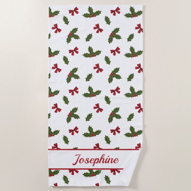 Red Bows And Christmas Holly Plants Pattern & Name Beach Towel (Front)