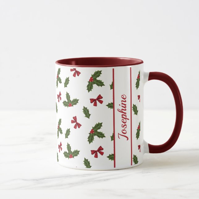 Red Bows And Christmas Holly Plants Pattern & Name Mug (Right)