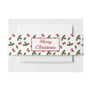 Red Bows And Christmas Holly Plants Pattern & Text Invitation Belly Band