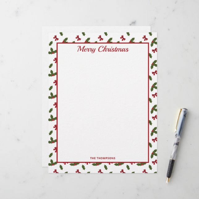 Red Bows And Christmas Holly Plants Pattern & Text Letterhead (Front/Back In Situ)